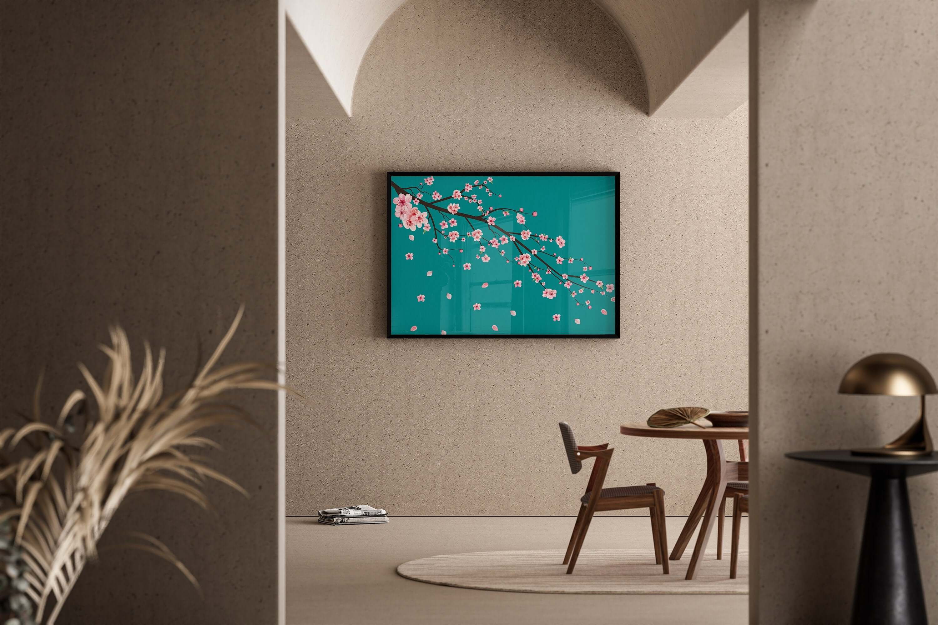 Cherry Blossoms with Teal Aquamarine Background (available framed ready to hang or unframed) - 9ArtPrints