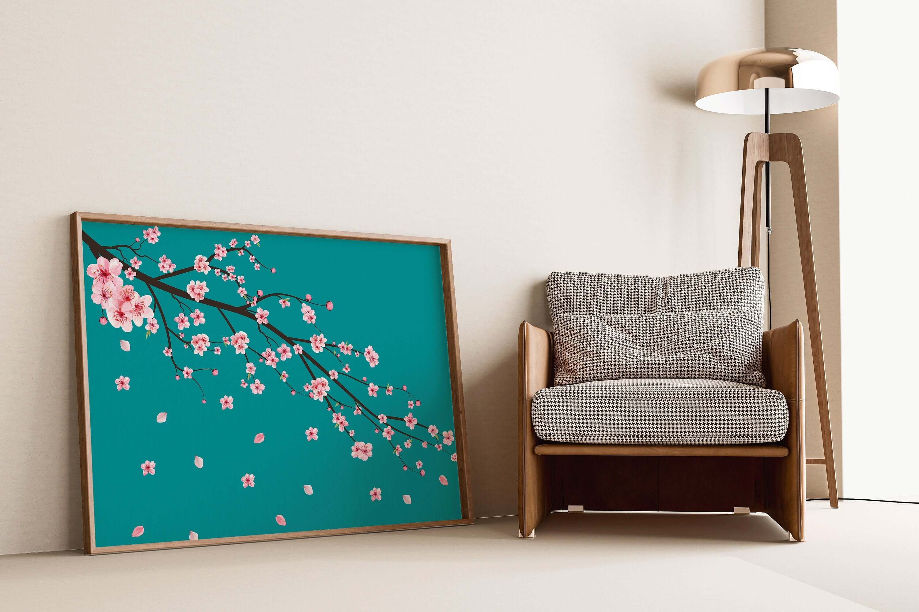 Cherry Blossoms with Teal Aquamarine Background (available framed ready to hang or unframed) - 9ArtPrints