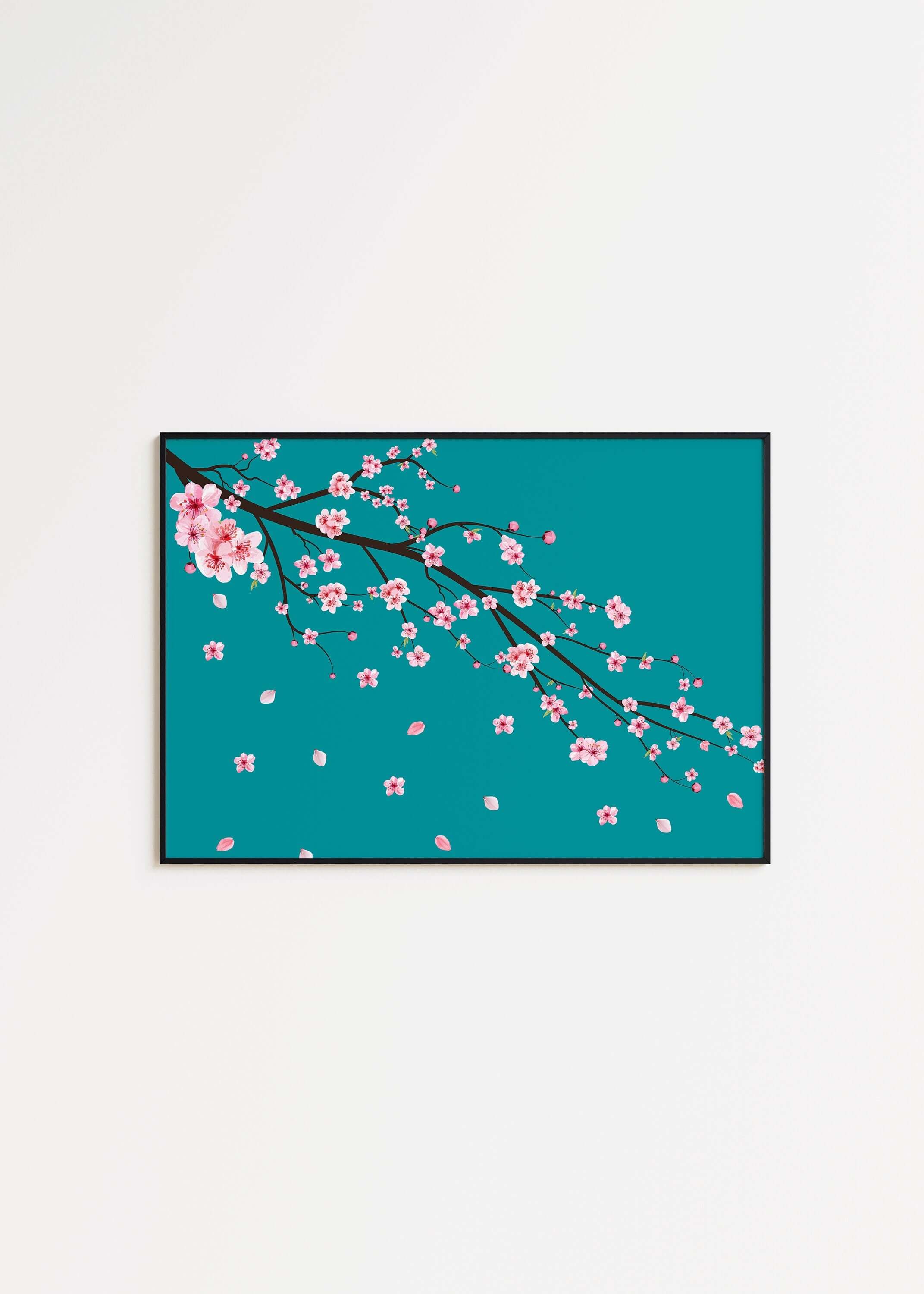 Cherry Blossoms with Teal Aquamarine Background (available framed ready to hang or unframed) - 9ArtPrints