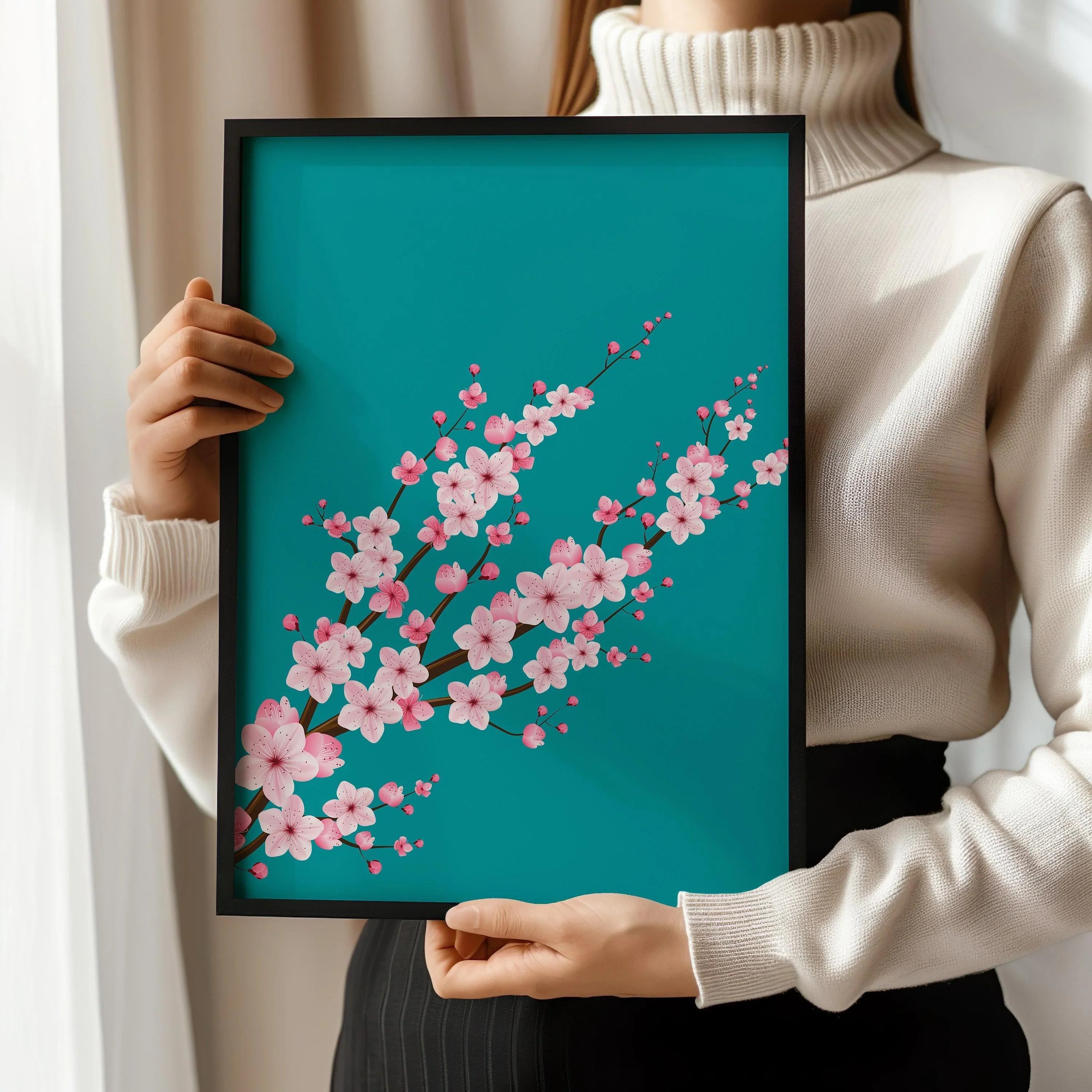 Cherry Blossoms with Teal Aquamarine Background (available handframed ready to hang or unframed) - 9ArtPrints