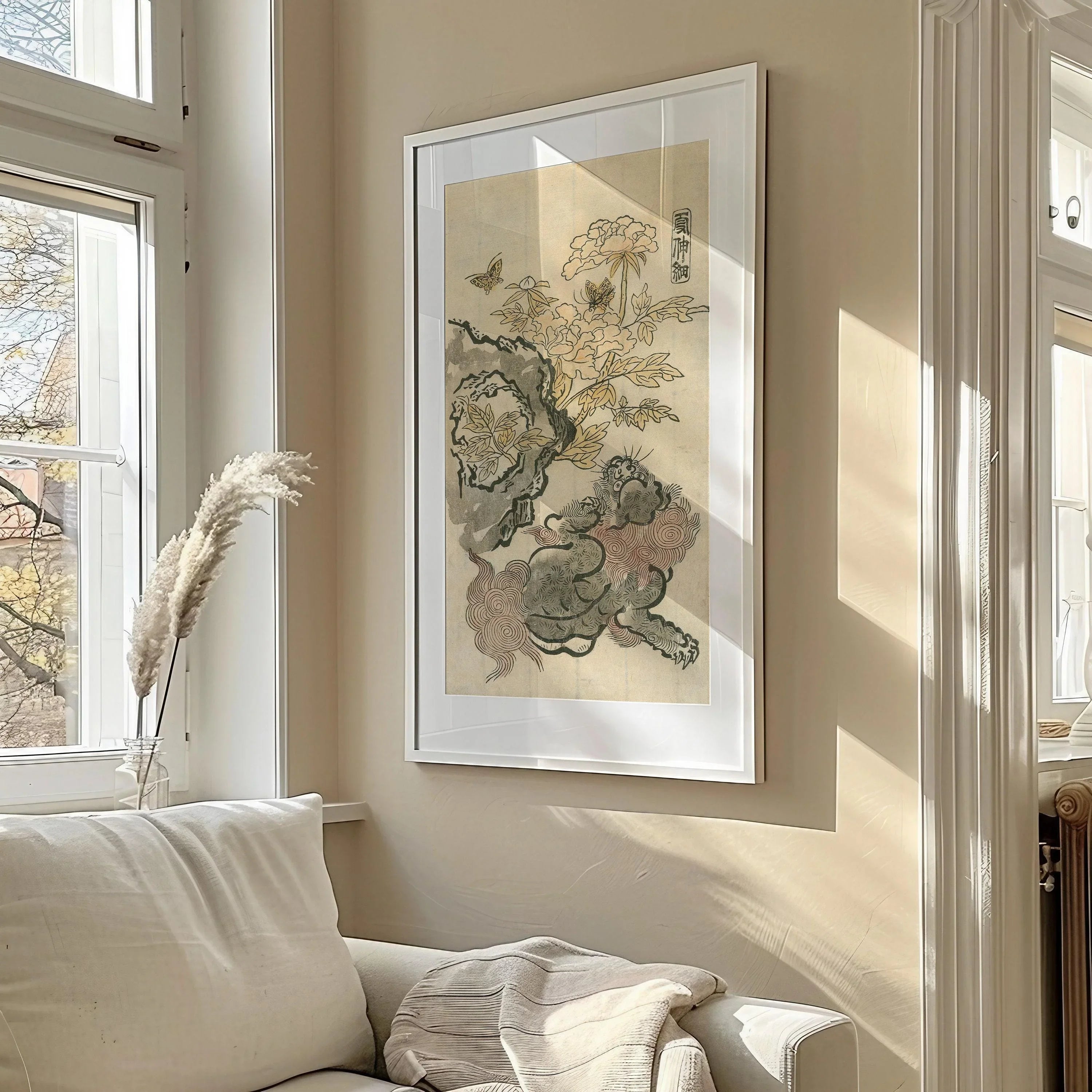 Chinese Lion & Peonies Giclee Print: Vintage Japanese Art - 9ArtPrints