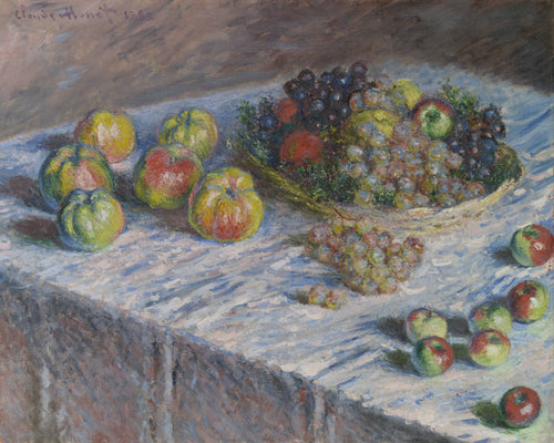 Apples and Grapes by Claude Monet — Apples and a basket of grapes lie scattered on a white cloth