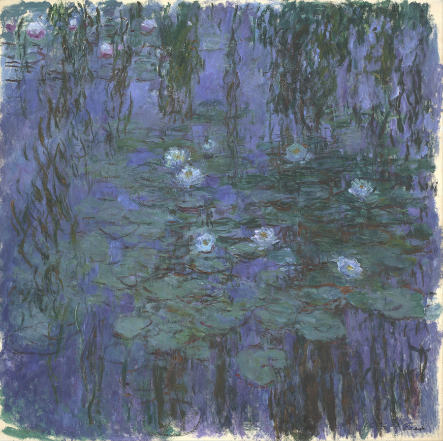 Claude Monet — Blue Water Lilies | Fine Art Print shown to scale on a wall above a sofa
