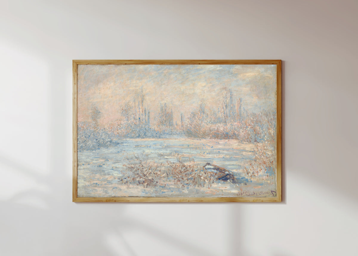 Framed art print of Hoarfrost (Le Givre) by Claude Monet, in a light wood frame on a sunlit white wall