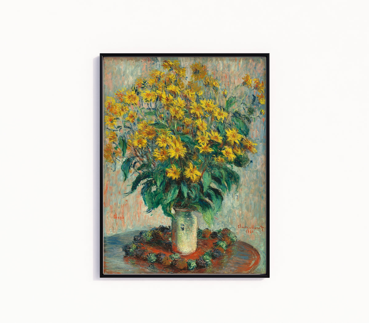 Framed art print of Jerusalem Artichoke Flowers by Claude Monet, in a slim black frame on a plain white wall