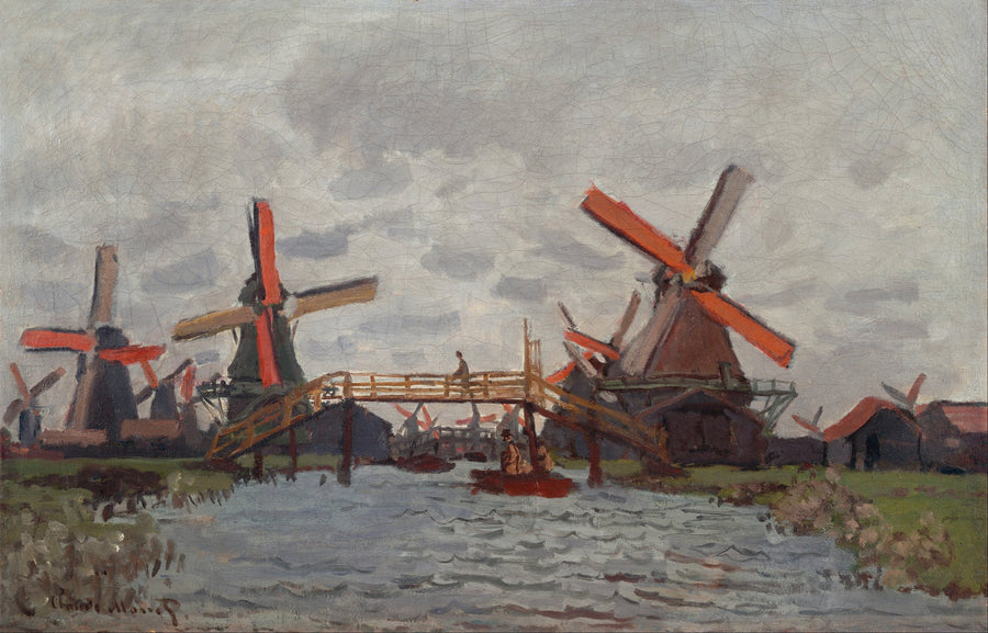 Claude Monet — Mills at Westzijderveld near Zaandam | Fine Art Print shown to scale on a wall above a sofa