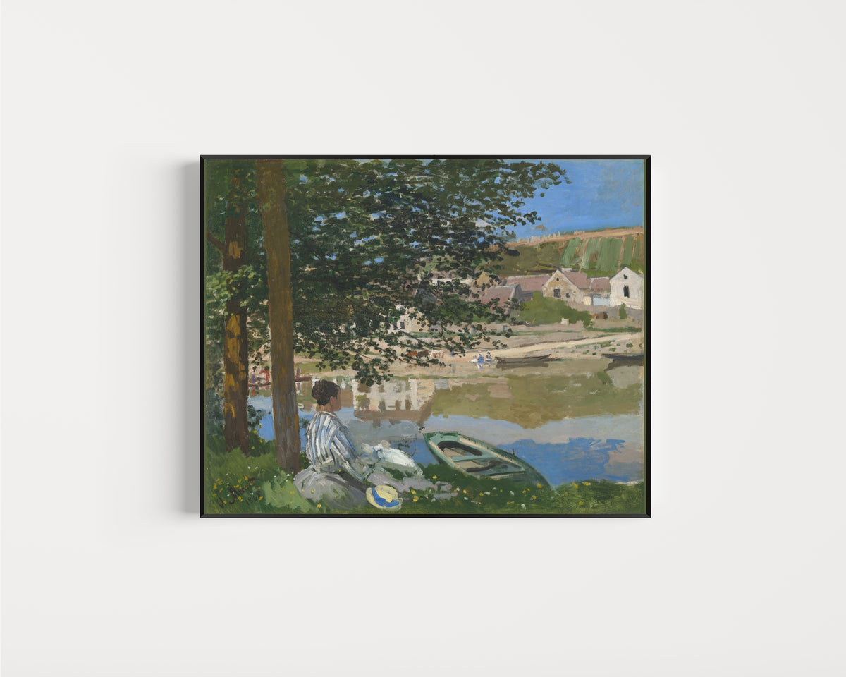 Framed art print of On the Bank of the Seine, Bennecourt by Claude Monet, in a slim black frame on a plain white wall