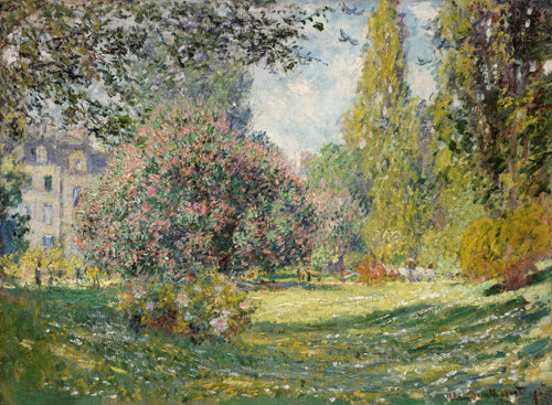 Parc Monceau by Claude Monet — Pink blossoms and tall poplars frame a sunlit lawn in a Paris park