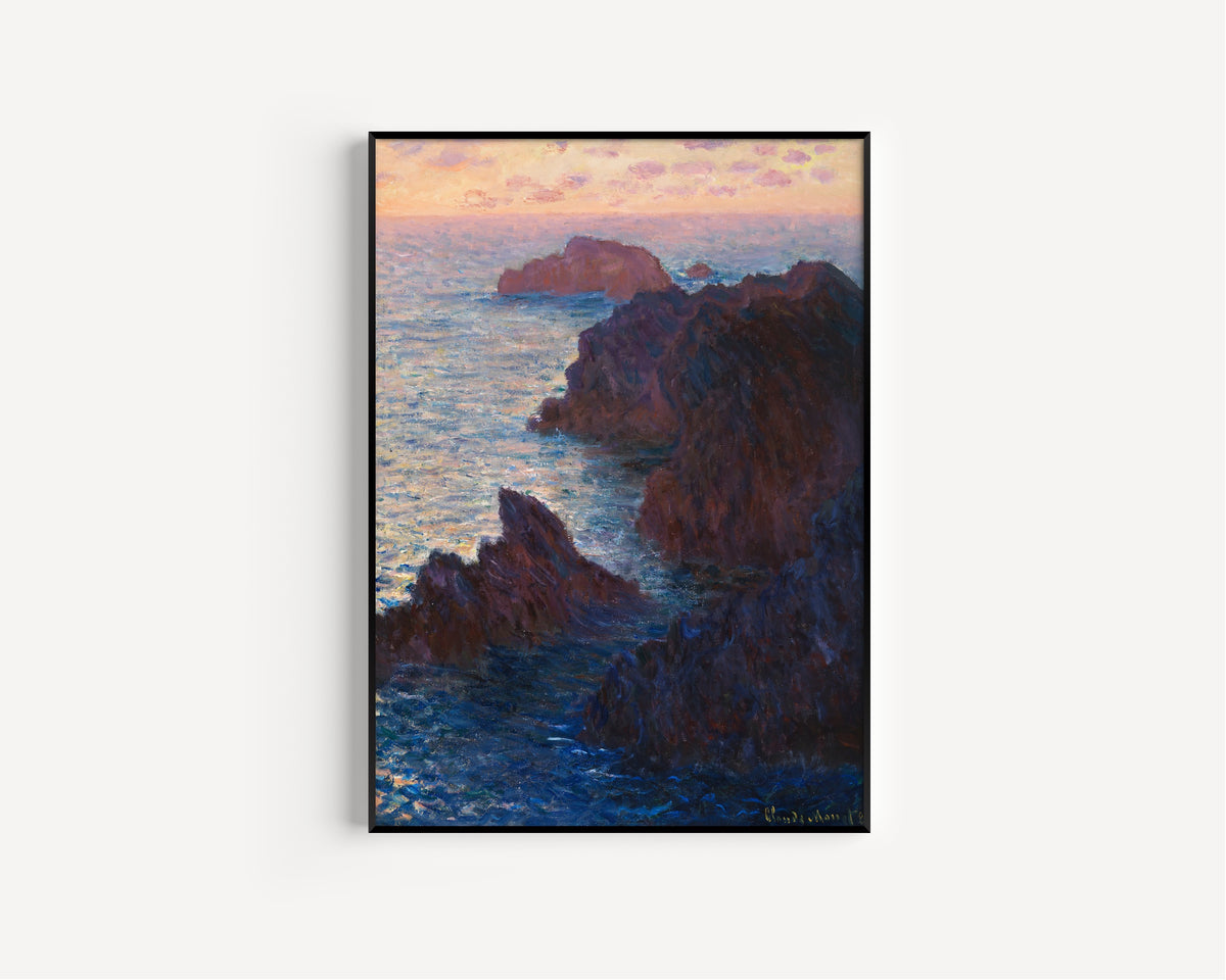 Rock at Belle-Île, Port-Domois by Claude Monet — in a slim black frame on a plain white wall