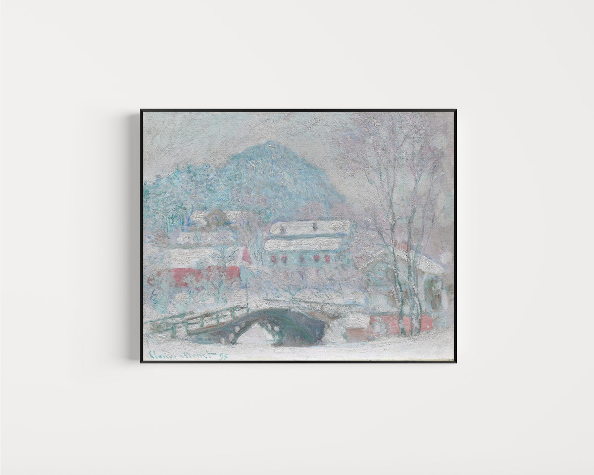 Framed art print of Sandvika, Norway by Claude Monet, in a slim black frame on a plain white wall