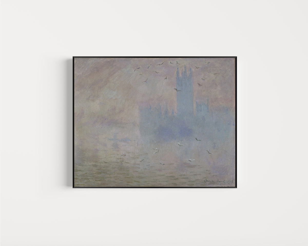 Framed art print of The Houses of Parliament, Seagulls by Claude Monet, in a slim black frame on a plain white wall