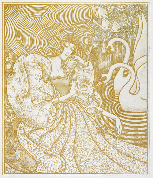 Woman with a Butterfly at a Pond with Two Swans by Jan Toorop — A woman among swans, her hair unspooling in long gold lines