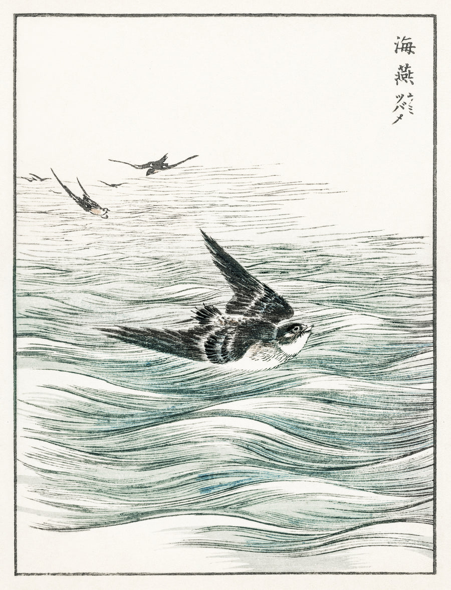 Numata Kashū — Riu Kiu House Swallow | Japanese Bird & Flower Woodblock Print shown to scale on a wall above a sofa