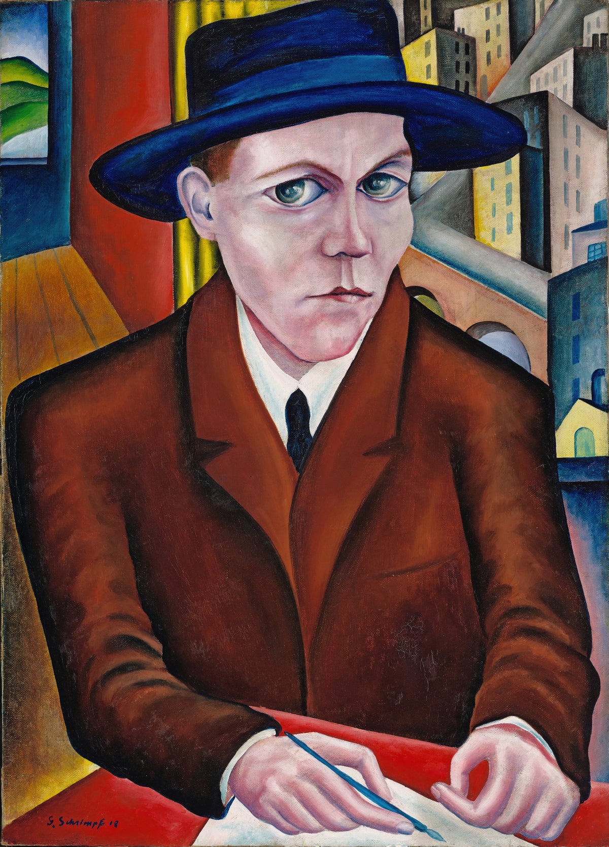 Oscar Maria Graf by Georg Schrimpf — A writer's portrait against an angular city skyline