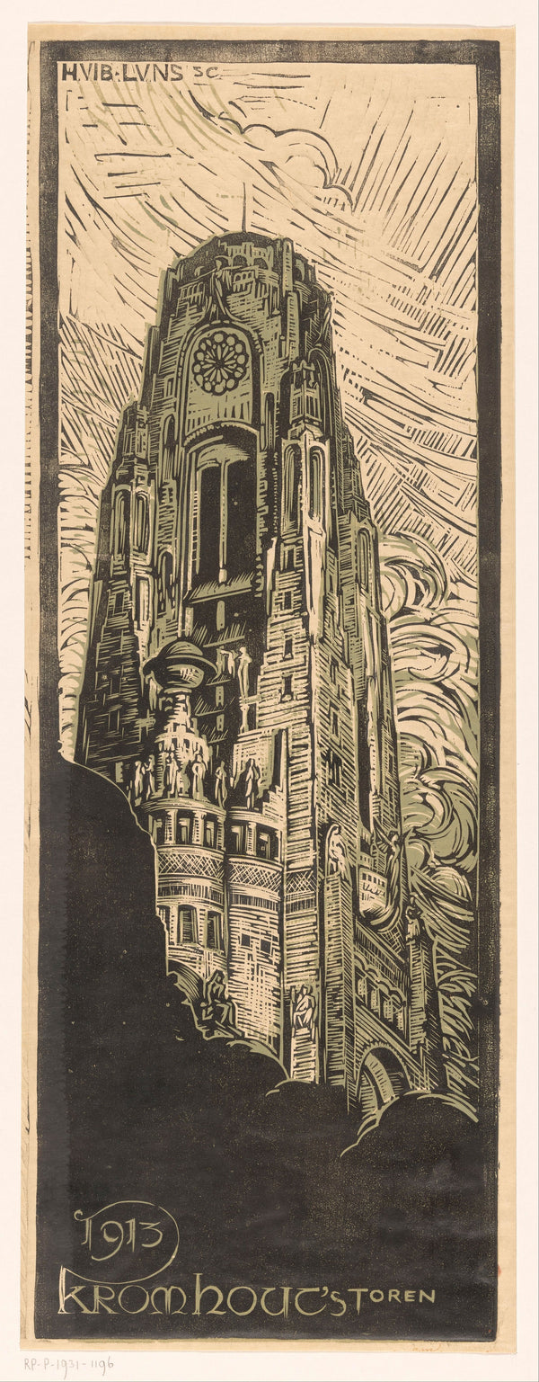 Huib Luns — Raadhuistoren [Town hall tower] | Art Nouveau Woodcut Print