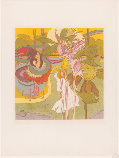 Vrouw krijgt visioen in een tuin [Woman receiving a vision in a garden] by Georges de Feure — A white-robed woman kneels before a coiled garden apparition