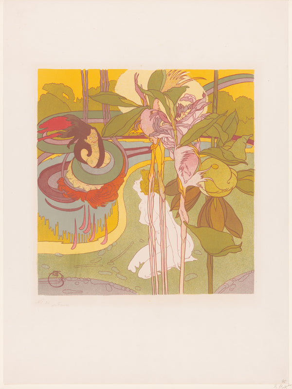 Georges de Feure — Vrouw krijgt visioen in een tuin [Woman receiving a vision in a garden] | Art Nouveau Print