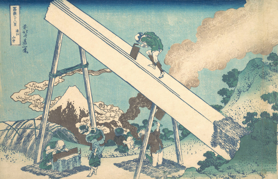 Katsushika Hokusai — Thirty-six Views of Mount Fuji: In the Mountains of Tōtomi Province | Japanese Woodblock Print (Ukiyo-e) shown to scale on a wall above a sofa