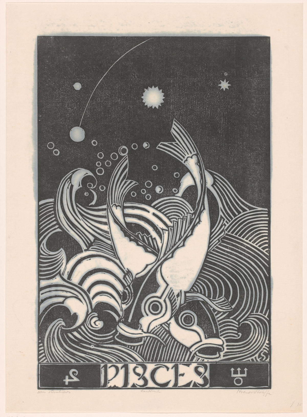 Henri van der Stok — Sterrenbeeld vissen [Zodiac sign Pisces] | Art Deco Woodcut Print
