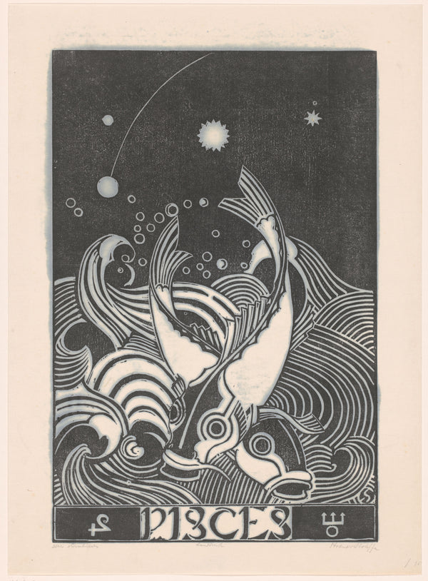 Henri van der Stok — Sterrenbeeld vissen [Zodiac sign Pisces] | Art Deco Woodcut Print