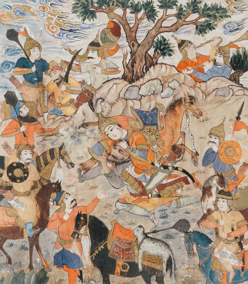 Isfandiyar Kills Bidarafsh by Shahnameh (Firdausi) — A crowned warrior seizes a bearded rival by the hair in battle