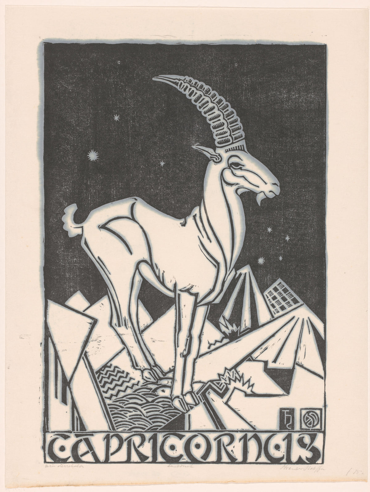 Henri van der Stok — Sterrenbeeld steenbok [Zodiac sign Capricorn] | Art Deco Woodcut Print