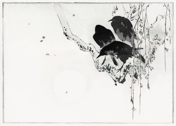 Watanabe Seitei — Japanese crows perched on a branch | Japanese Bird & Flower Woodblock Print