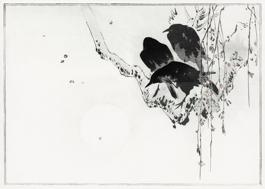 Watanabe Seitei — Japanese crows perched on a branch | Japanese Bird & Flower Woodblock Print shown to scale on a wall above a sofa
