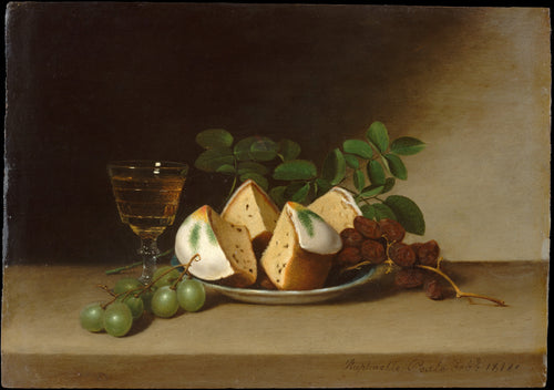 Still Life with Cake by Raphaelle Peale — Wedges of frosted cake sit beside grapes and dried dates