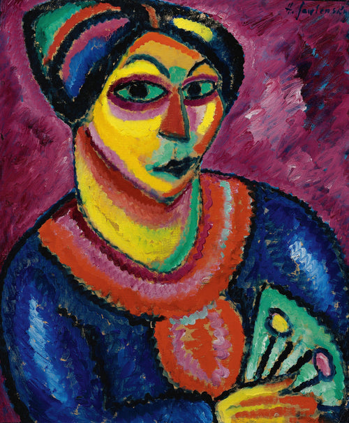 Woman with a Green Fan by Alexej von Jawlensky — A green fan and a striped headscarf in flat, burning colour