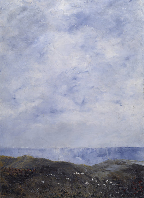 Coastal Landscape by August Strindberg — Pale, hazy clouds tower over a dark heath meeting the sea