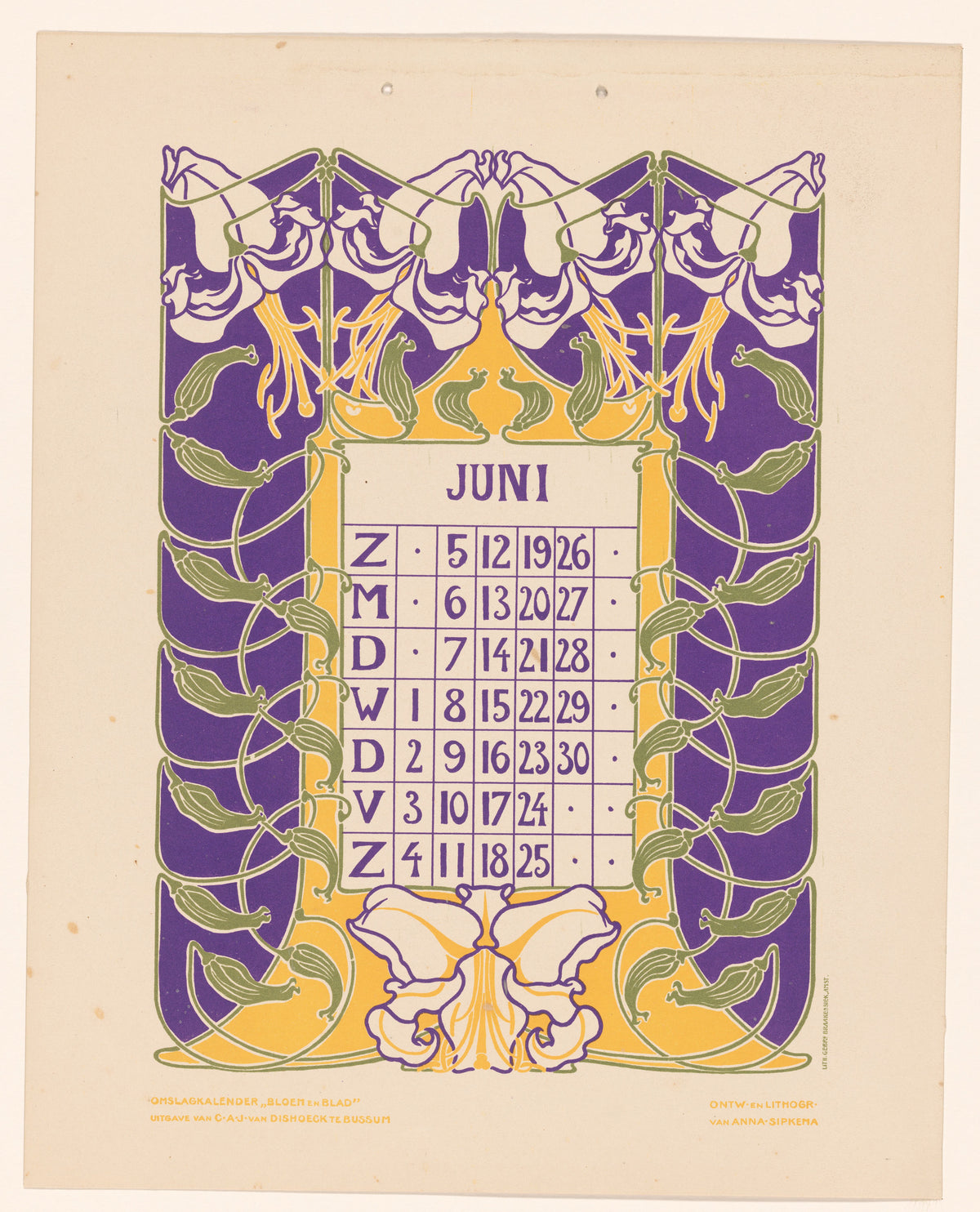 Anna Sipkema — Kalenderblad juni met orchideeën [Calendar sheet June with orchids] | Art Nouveau Print