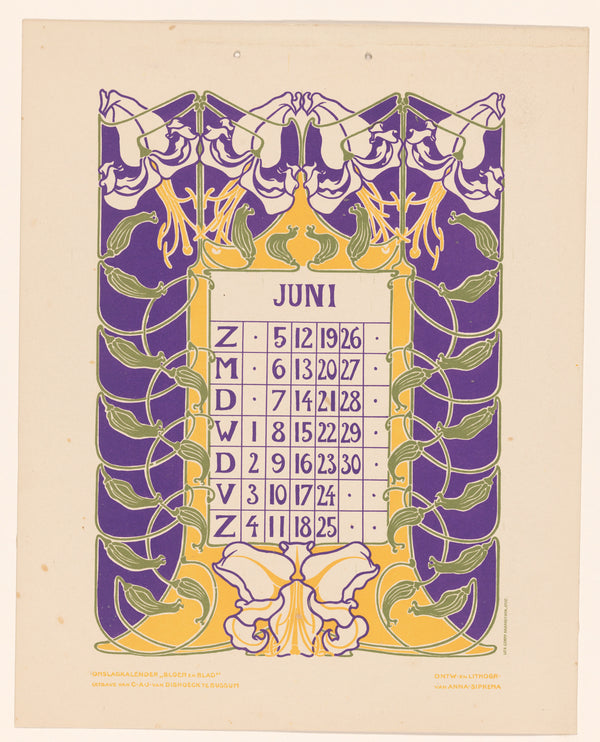 Anna Sipkema — Kalenderblad juni met orchideeën [Calendar sheet June with orchids] | Art Nouveau Print