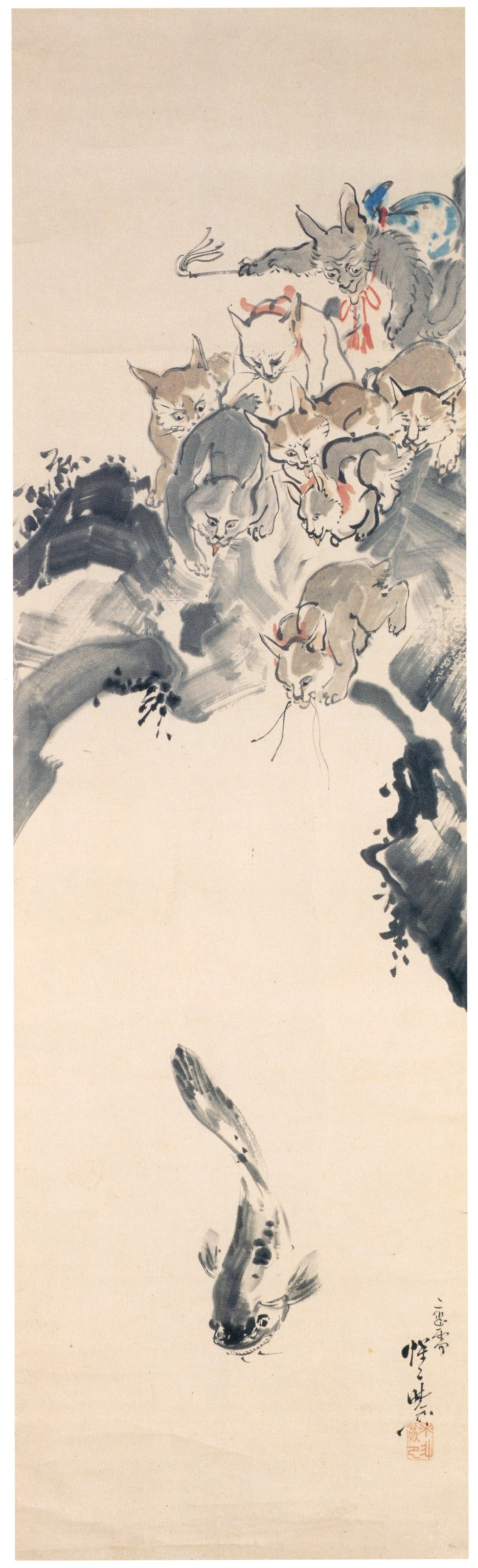 Kawanabe Kyosai — Cats Fishing a Catfish | Japanese Ink Painting Art Print