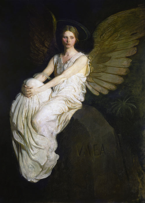 Stevenson Memorial by Abbott Handerson Thayer — A haloed angel clasps her knee on a dark boulder