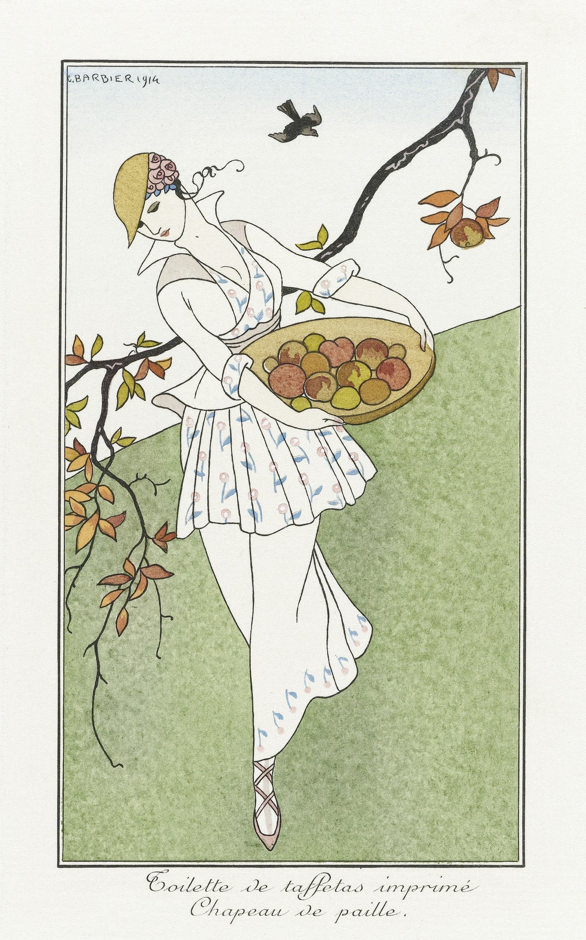 George Barbier — Toilette de taffetas imprimé, Chapeau de paille [Printed taffeta dress, straw hat] | Art Deco Fashion Print