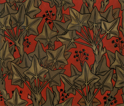 Ivy by Arthur Heygate Mackmurdo — A repeating ivy leaf and berry pattern in olive on vermilion