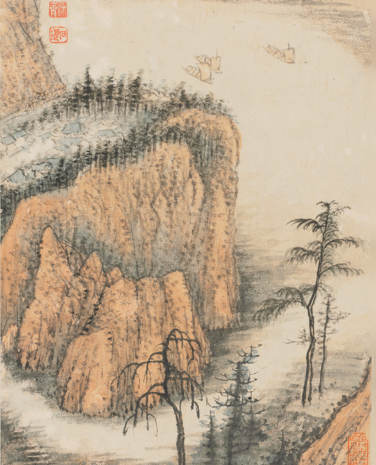 Shitao — Reminiscences of Qinhuai River (Ochre Cliffs and Sails) | Chinese Ink Painting Art Print