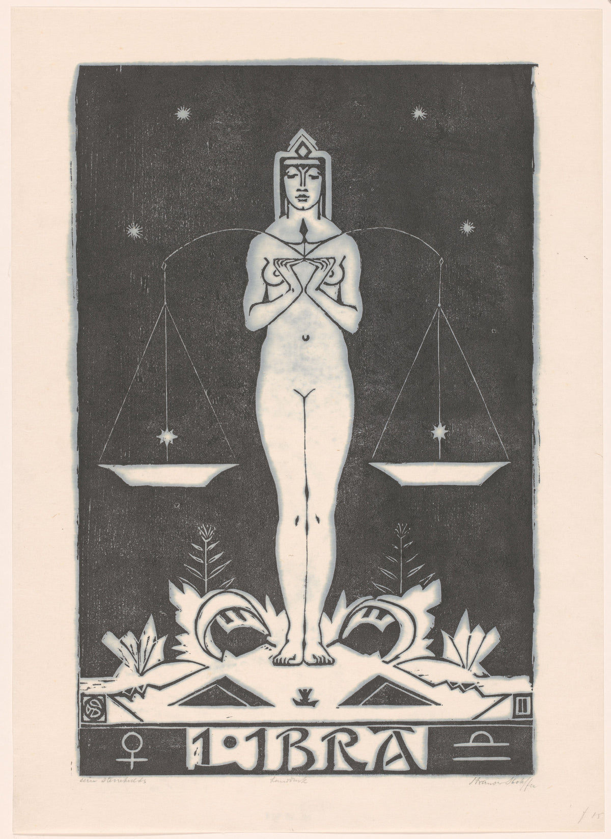 Henri van der Stok — Sterrenbeeld weegschaal [Zodiac sign Libra] | Art Deco Woodcut Print