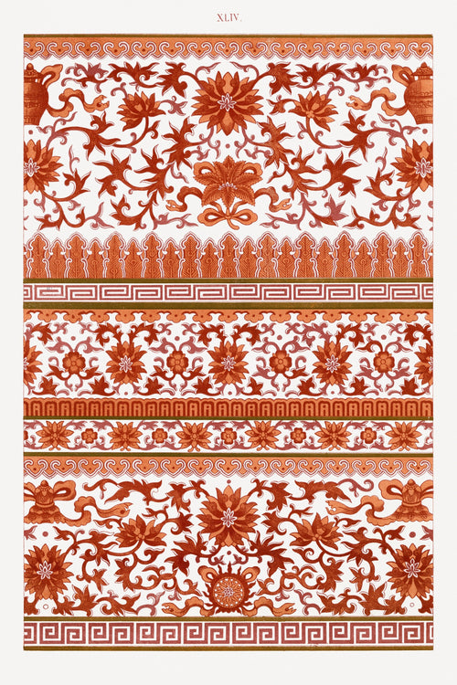 Examples of Chinese Ornament, Plate 44 by Owen Jones — Iron-red lotus scroll banded with key-fret meanders on white