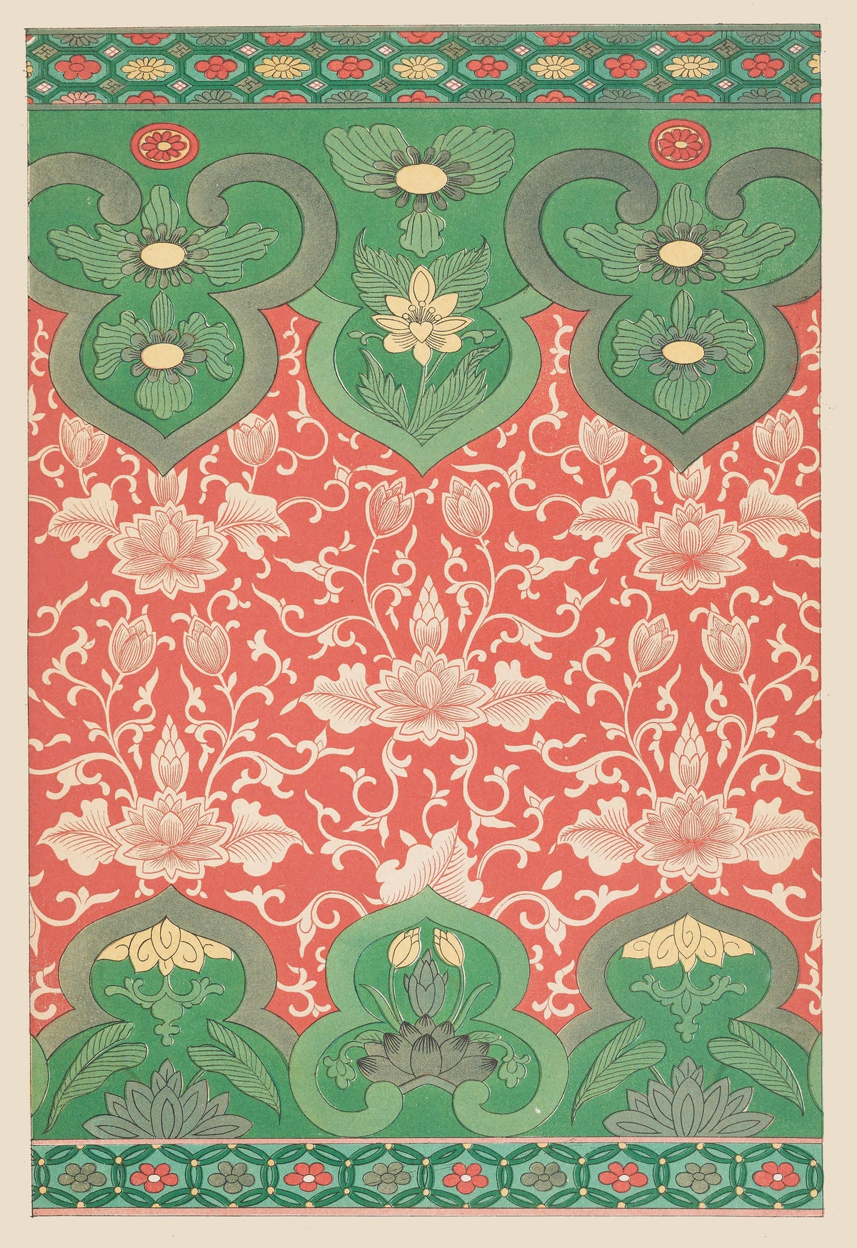 Owen Jones — Chinese Ornament: Ivory Lotus on Coral with Green Panels | Ornament Plate Print