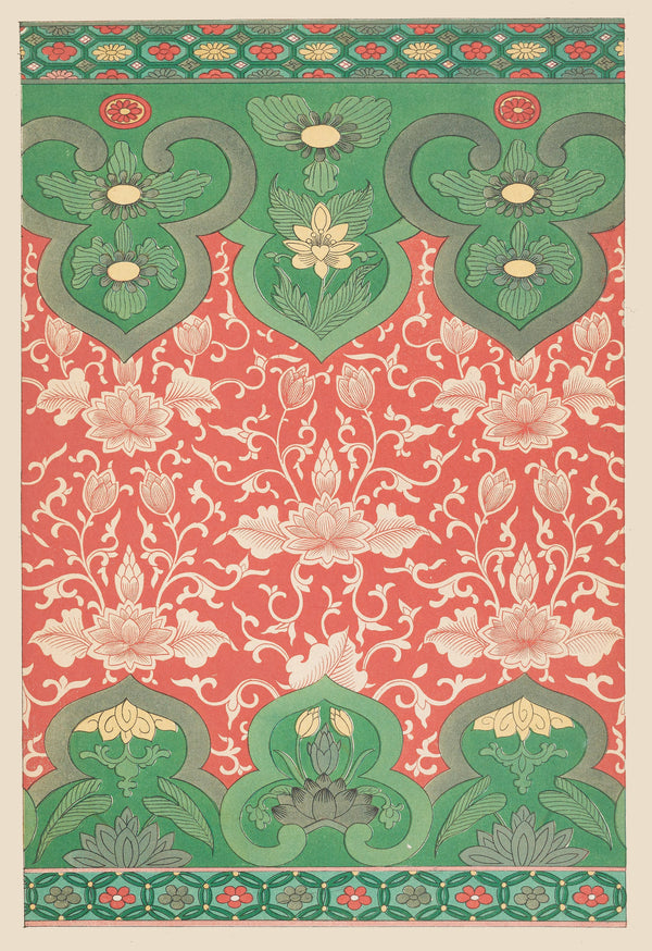Owen Jones — Chinese Ornament: Ivory Lotus on Coral with Green Panels | Ornament Plate Print