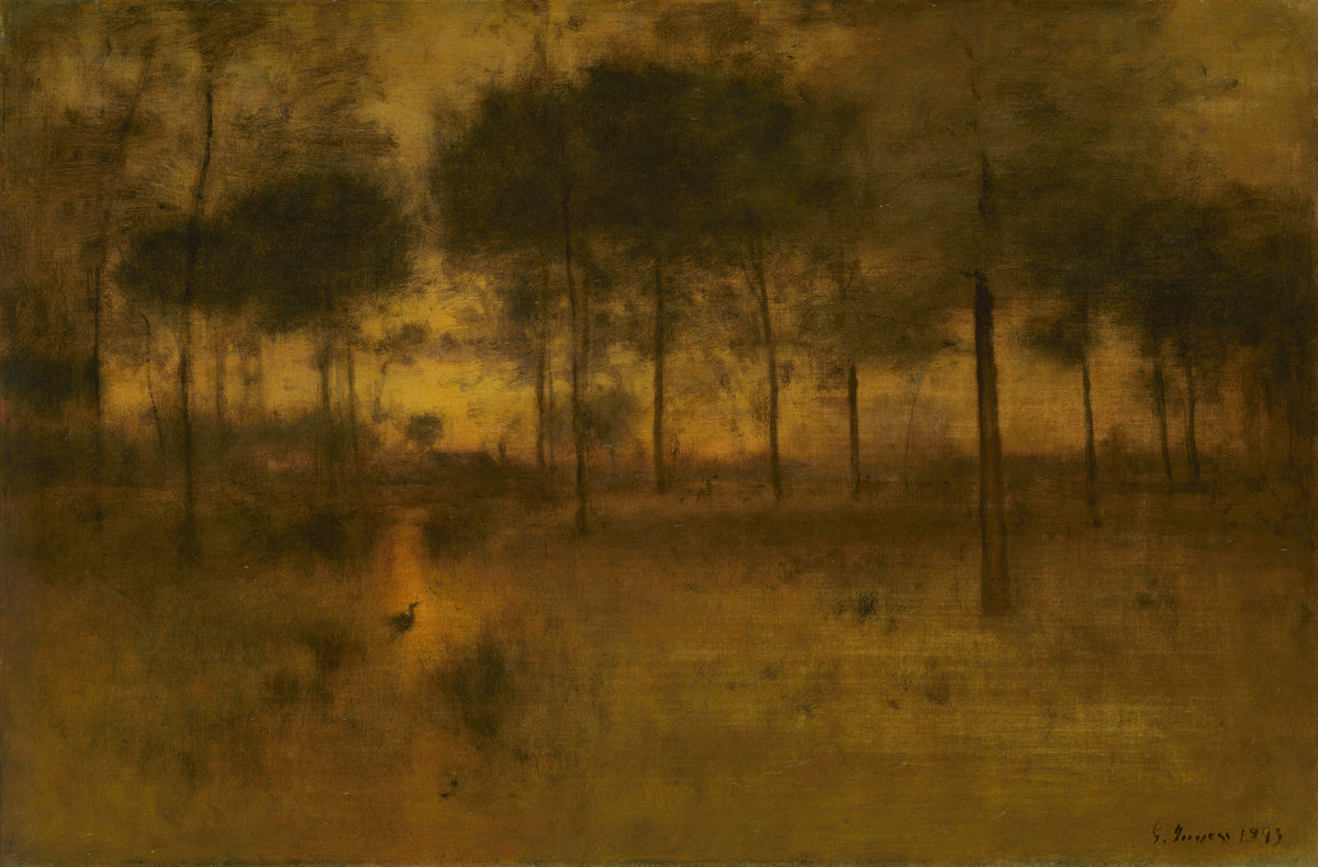 The Home of the Heron by George Inness — A lone heron stands in a hazy amber twilight grove