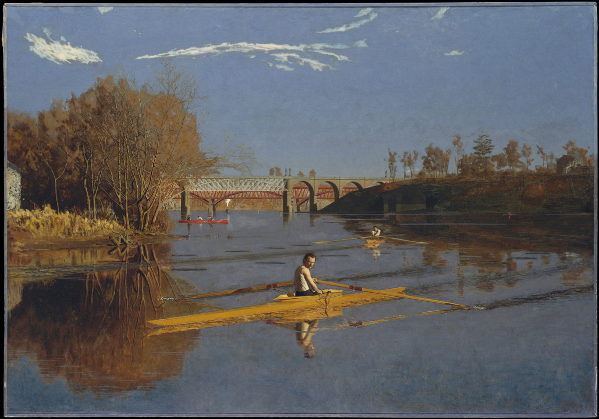 The Champion Single Sculls (Max Schmitt in a Single Scull) by Thomas Eakins — A lone sculler glances back on a calm autumn river