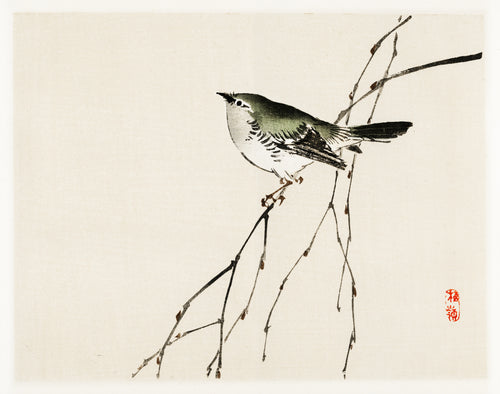 Tit by Kōno Bairei — A tit perches among bare, budding twigs