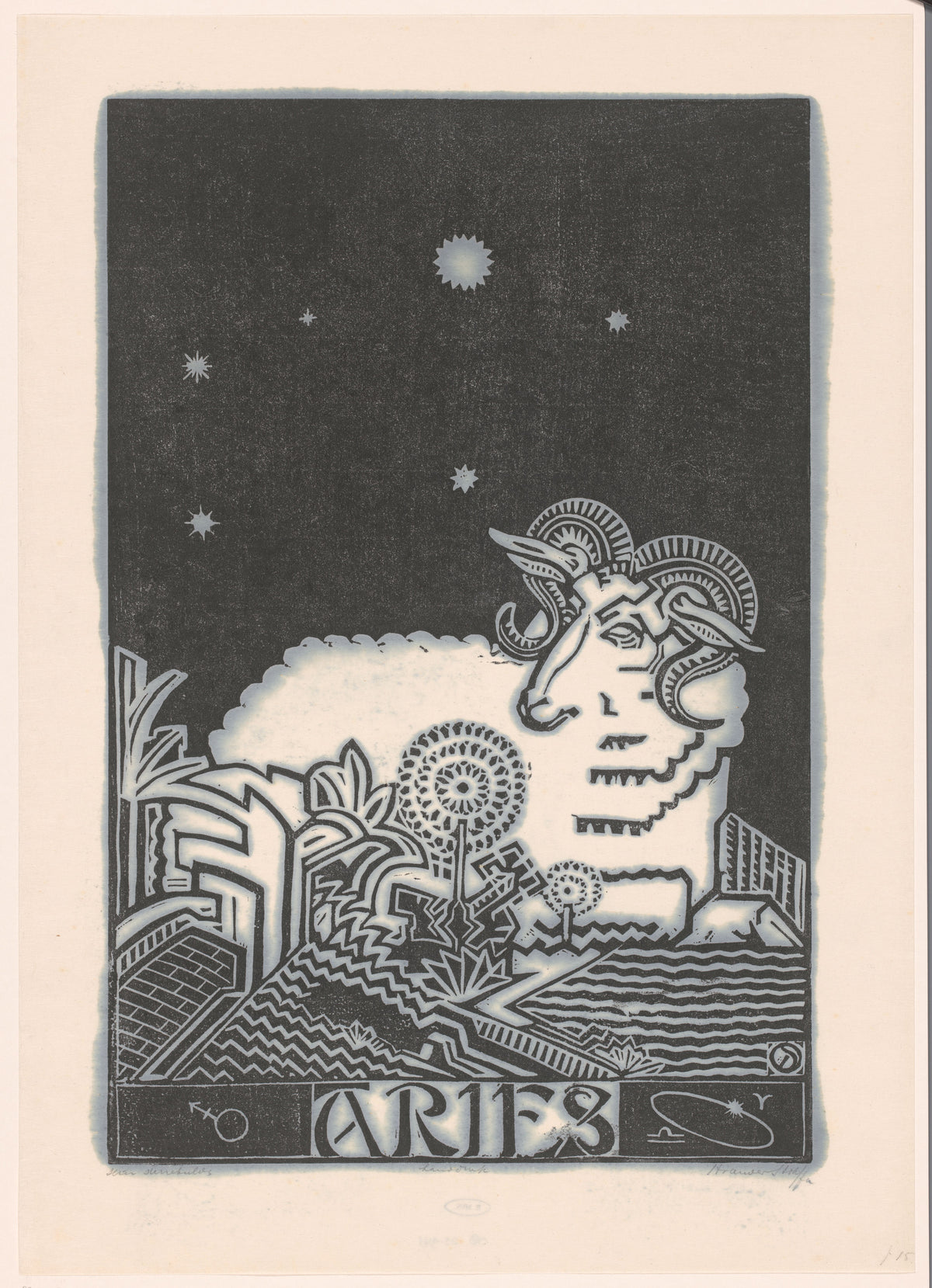 Henri van der Stok — Sterrenbeeld ram [Zodiac sign Aries] | Art Deco Woodcut Print
