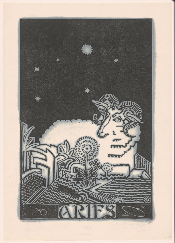 Henri van der Stok — Sterrenbeeld ram [Zodiac sign Aries] | Art Deco Woodcut Print