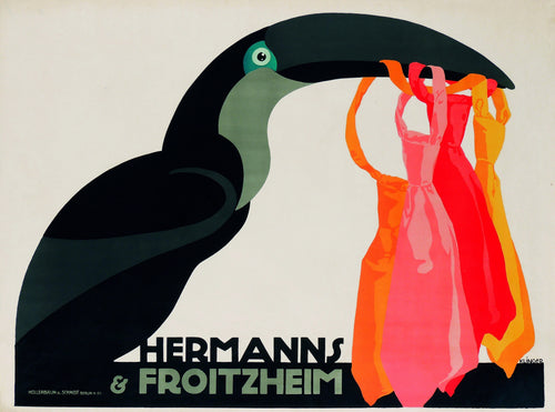 Hermanns & Froitzheim by Julius Klinger — A long-beaked black bird displays four bright silk neckties