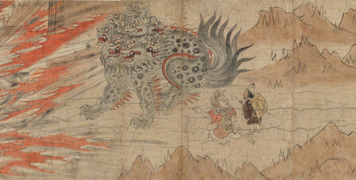 Illustrated Legends of the Kitano Tenjin Shrine (Kitano Tenjin engi emaki) (Many-Headed Beast) by Japanese Handscroll Painting — A many-headed beast looms over
