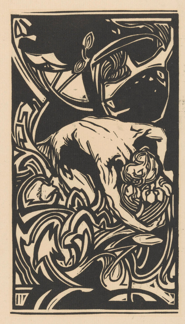 Johannes Josephus Aarts — Knielende figuur tussen planten [Kneeling figure among plants] | Art Nouveau Woodcut Print